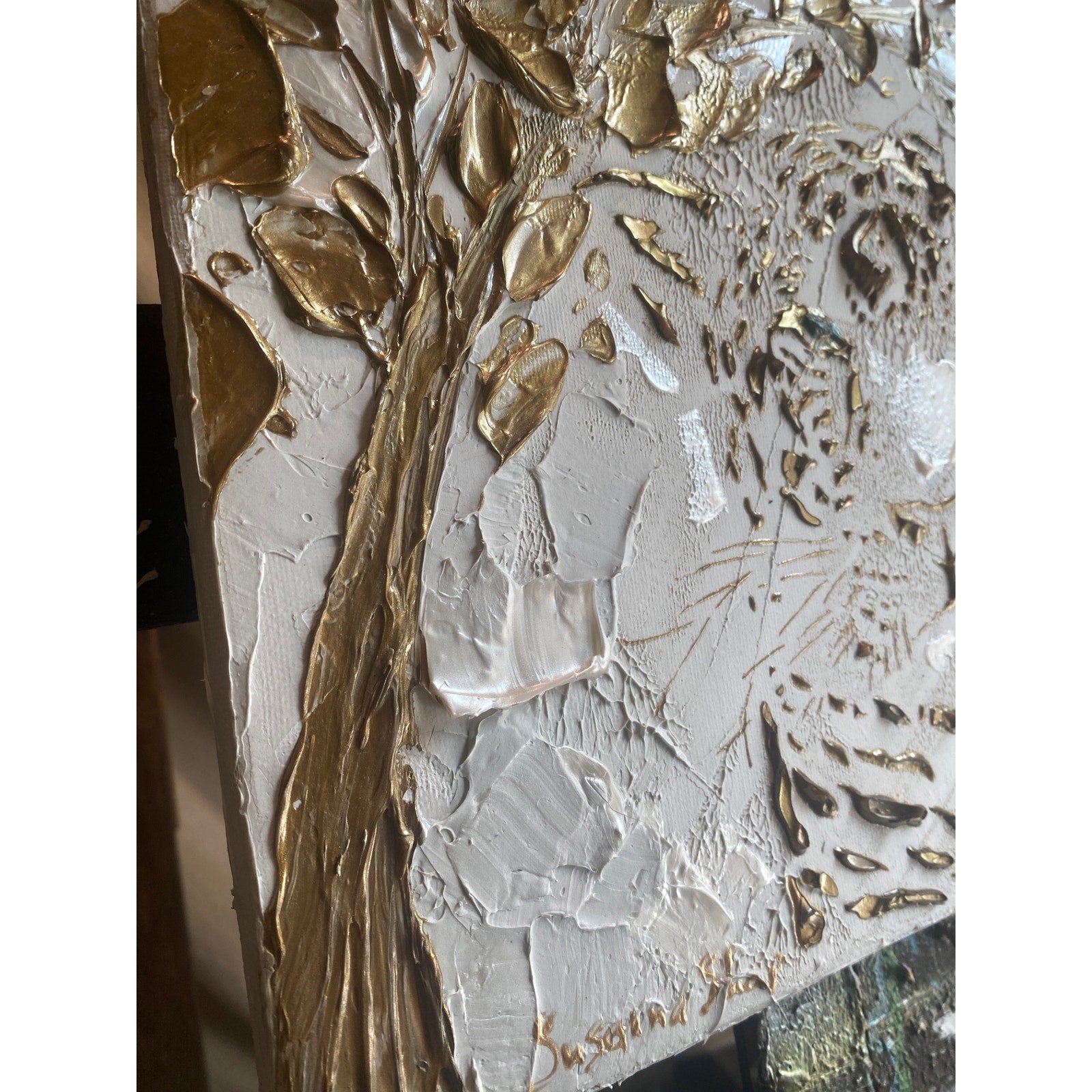 Leopard, Big Cat Animal Painting Abstract ORIGINAL Art White & Gold Textured painting, Handmade wall art