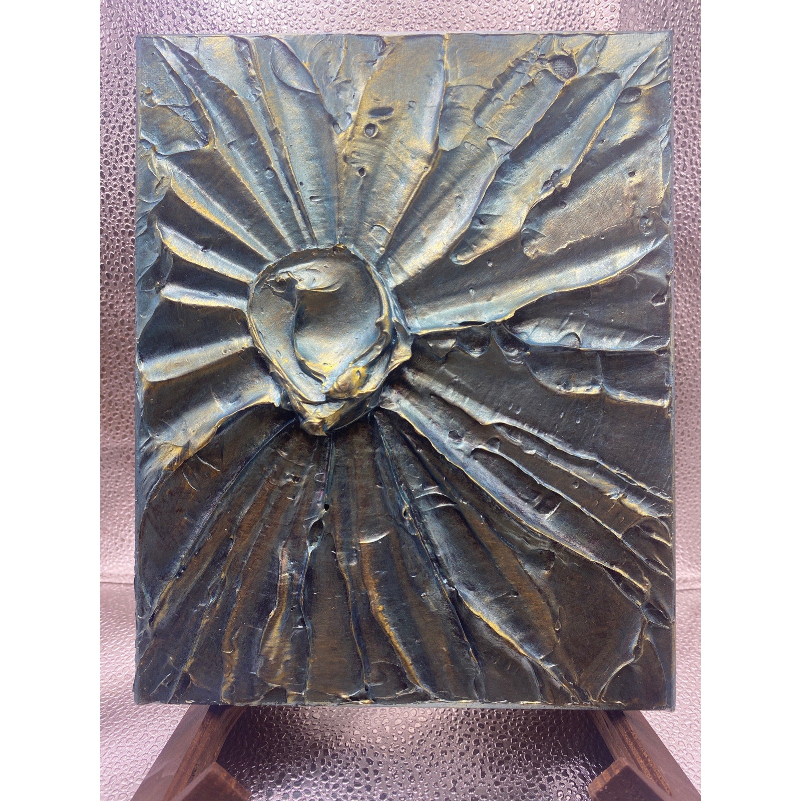 ORIGINAL Blue Gold Celestial Abstract Textured painting, Metallic Palette knife Impasto Art, Small 8" x 10"