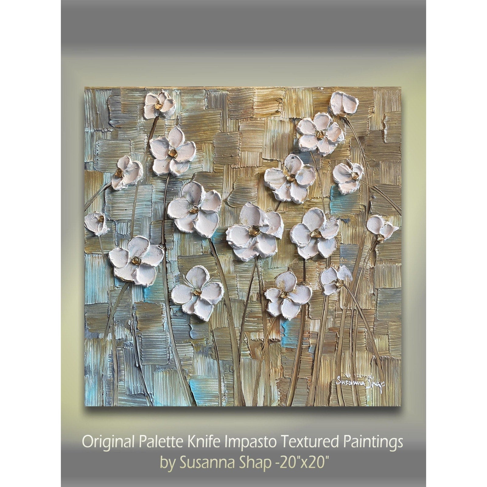 Original Abstract White Textured Flowers Impasto Painting: Palette Knife Fine Art (20"x20")