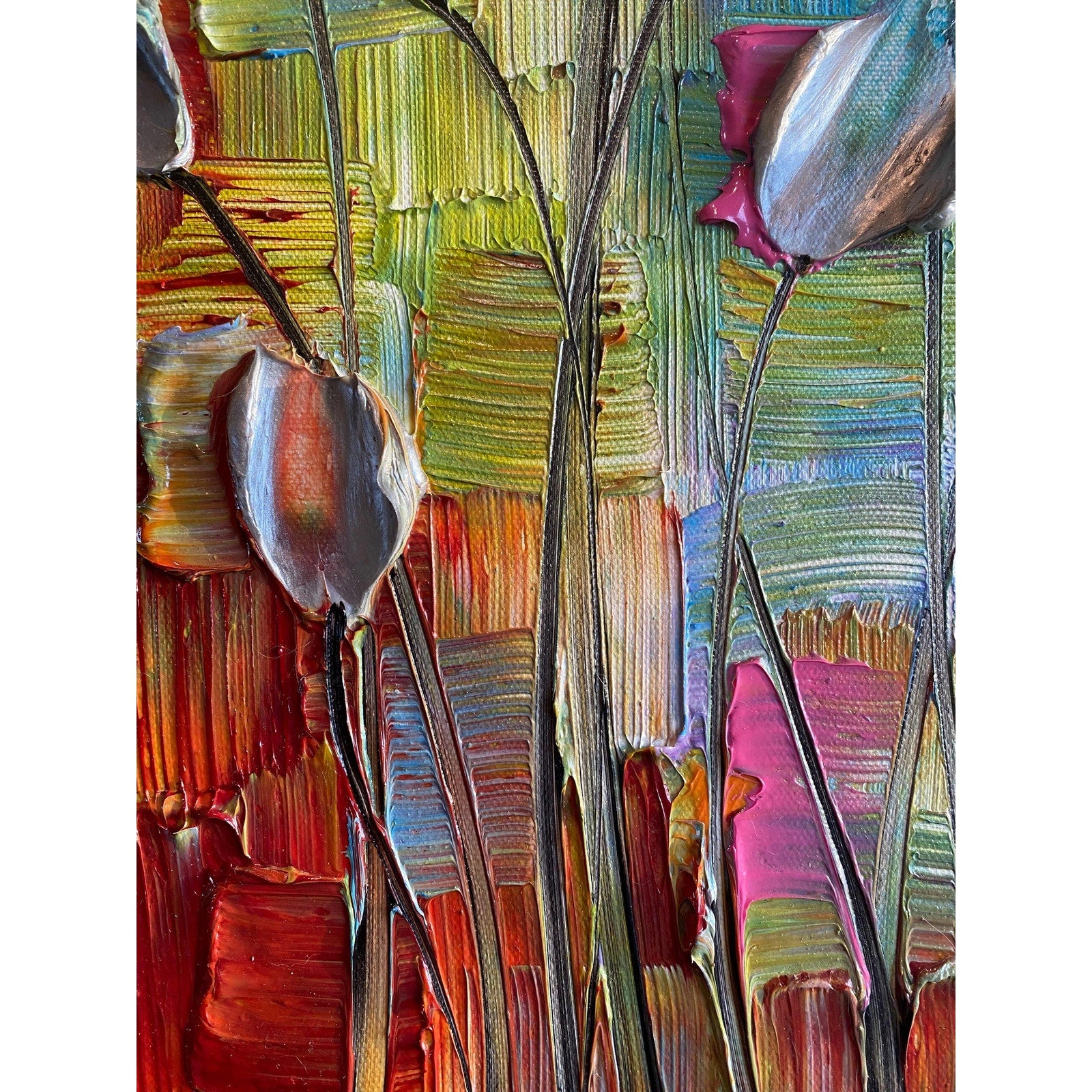Original Silver Tulips Impasto Painting, Palette Knife Textured Art (20"x20")