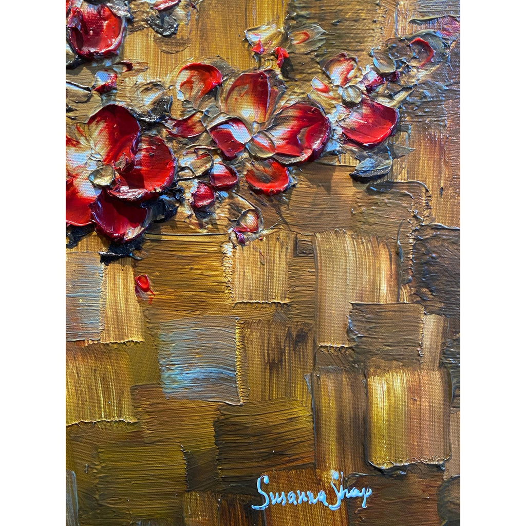 Original Red Cherry Blossom Tree Painting, Palette Knife Impasto Textured Fine Art (36x24")