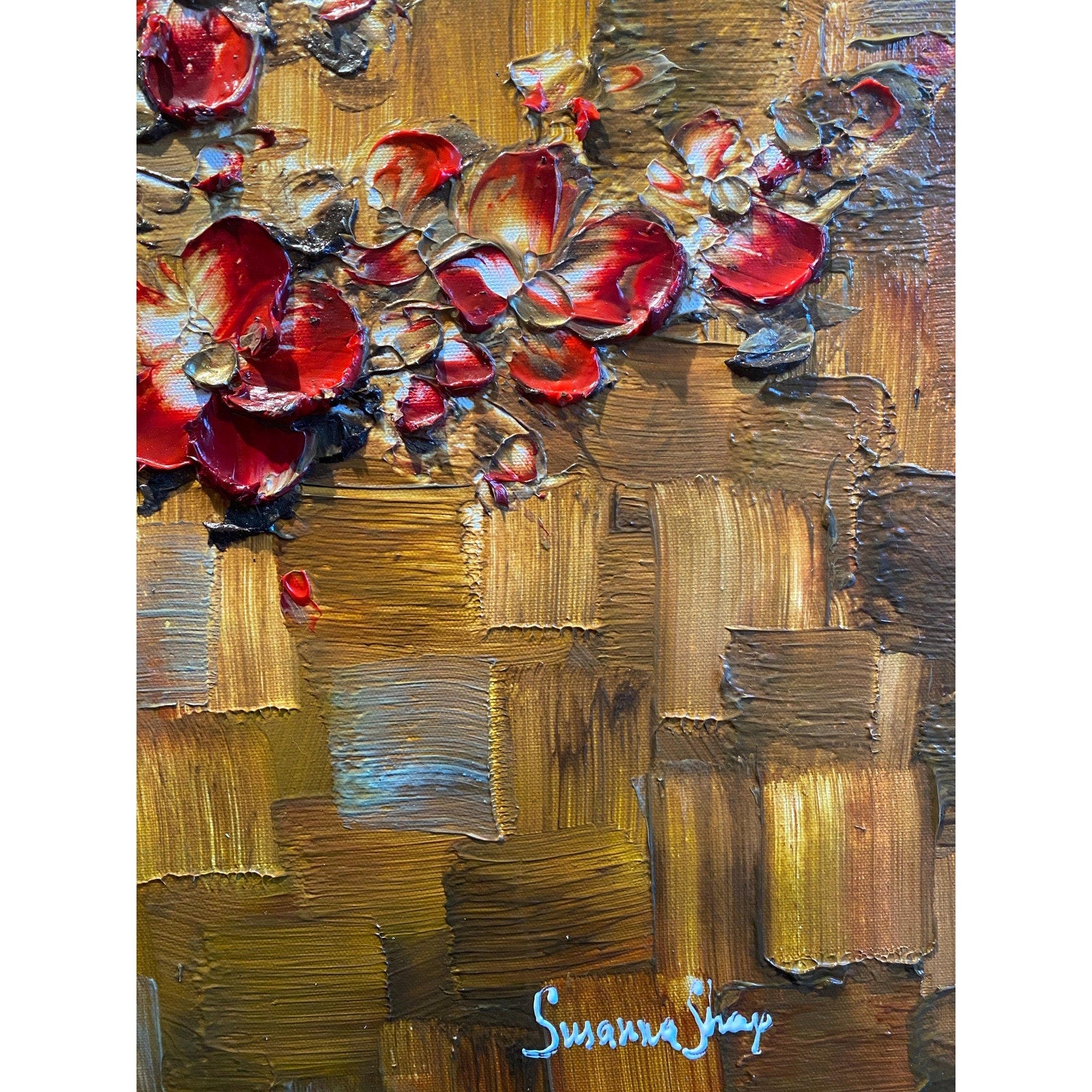 Original Red Cherry Blossom Tree Painting, Palette Knife Impasto Textured Fine Art (36x24")