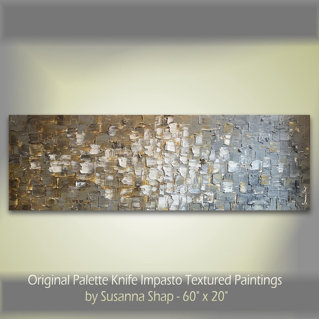 ORIGINAL Heavy Textured Large Abstract Minimalist painting Neutral Beige Gray Squares Geometric 60"x20" Palette knife Art- by Susanna Shap