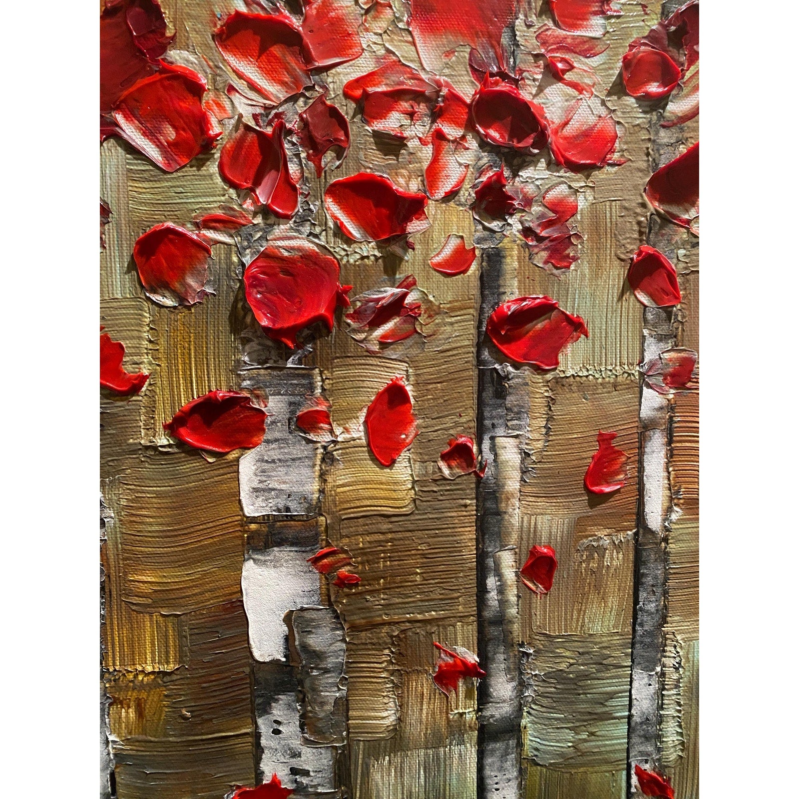 Red Birch Trees Impasto Painting, Textured Landscape Art (36x24")