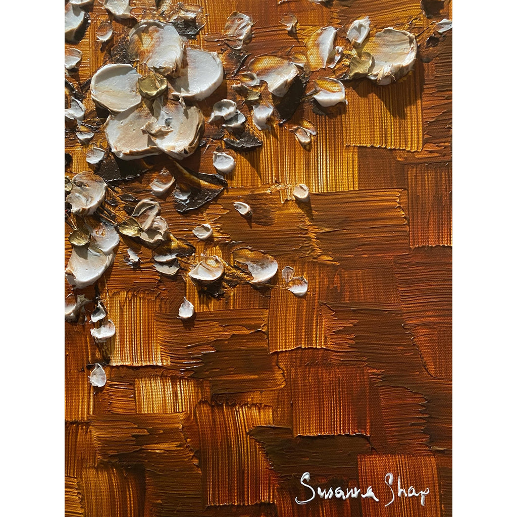 Original textured abstract tree painting, brown and white Cherry Blossom Impasto , Palette Knife impasto fine Art (36x24")