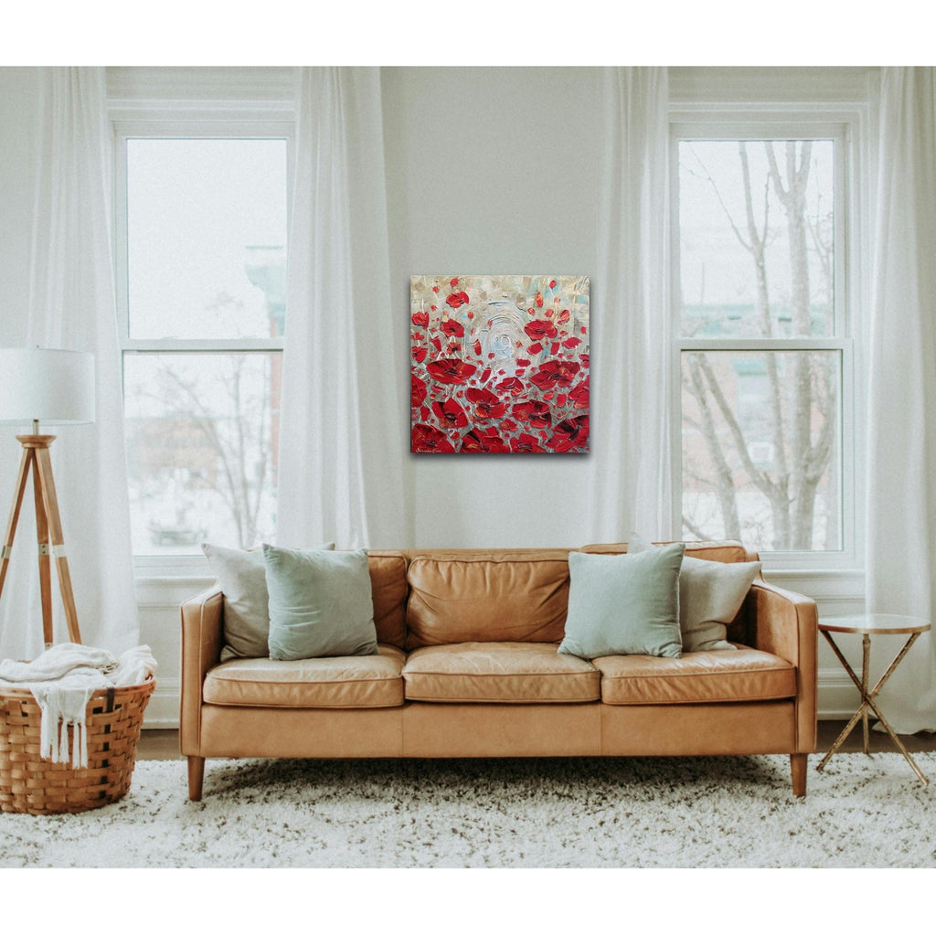 red poppies ORIGINAL abstract floral oil painting flowers landscape impasto Texture Palette knife Wall Art 20x20" Susanna Shap