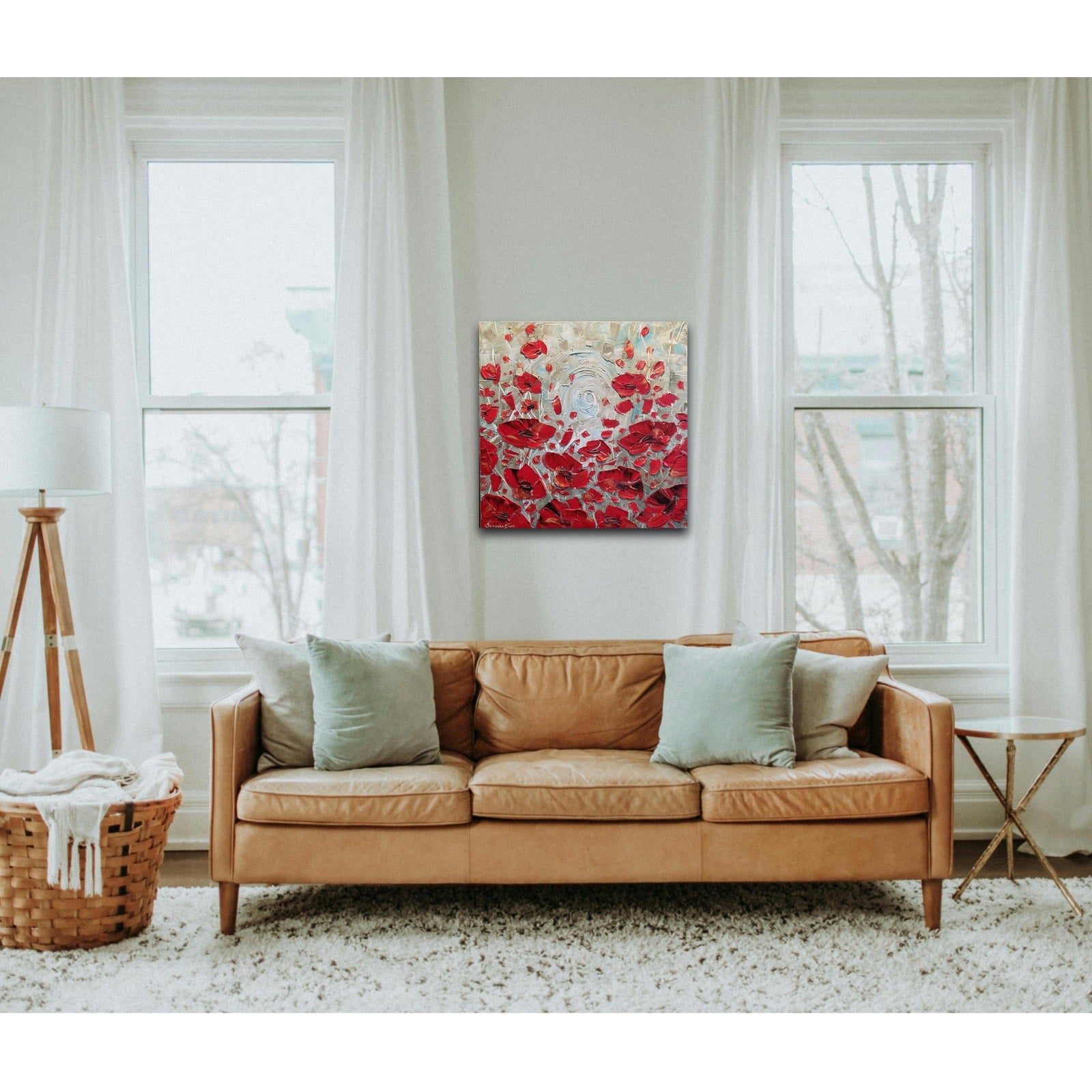 red poppies ORIGINAL abstract floral oil painting flowers landscape impasto Texture Palette knife Wall Art 20x20" Susanna Shap