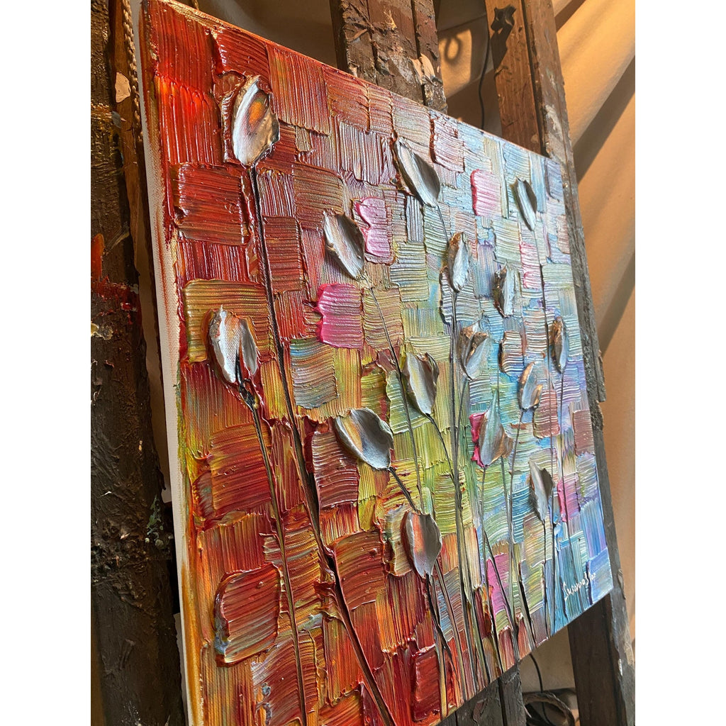 Original Silver Tulips Impasto Painting, Palette Knife Textured Art (20"x20")