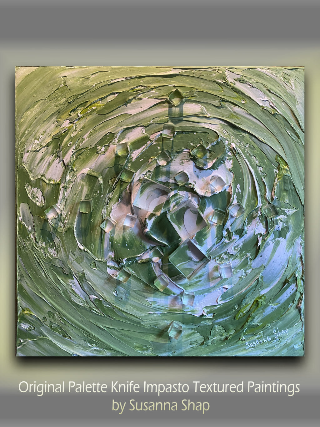 Green ice matcha latte- abstract textured art ORIGINAL painting on canvas mixed media impasto Palette knife Art 20x20” by Susanna Shap