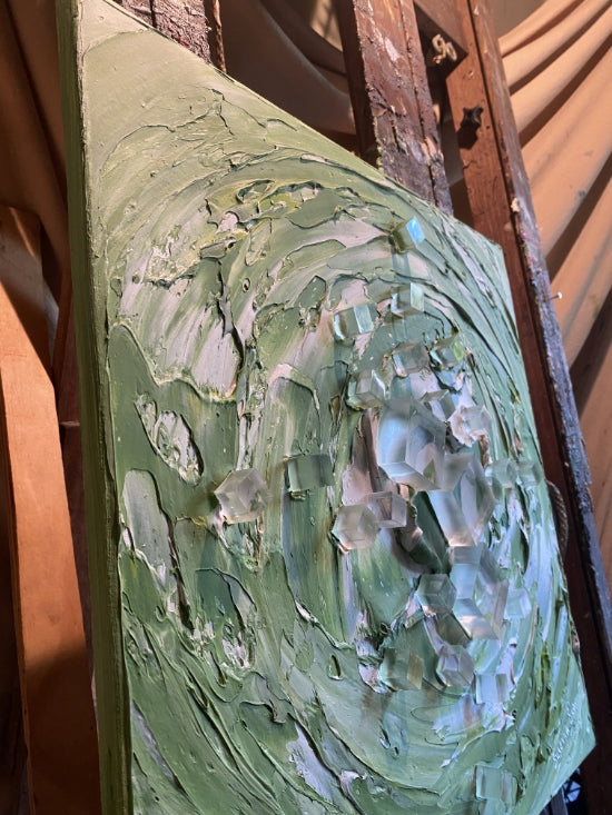 Green ice matcha latte- abstract textured art ORIGINAL painting on canvas mixed media impasto Palette knife Art 20x20” by Susanna Shap