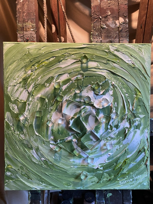 Green ice matcha latte- abstract textured art ORIGINAL painting on canvas mixed media impasto Palette knife Art 20x20” by Susanna Shap