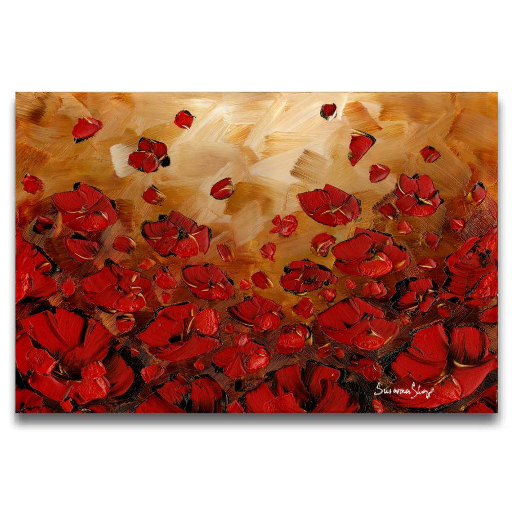 Red Poppies Floral Landscape, Fine art Giclee Print on canvas, Abstract impressionist Wall Art
