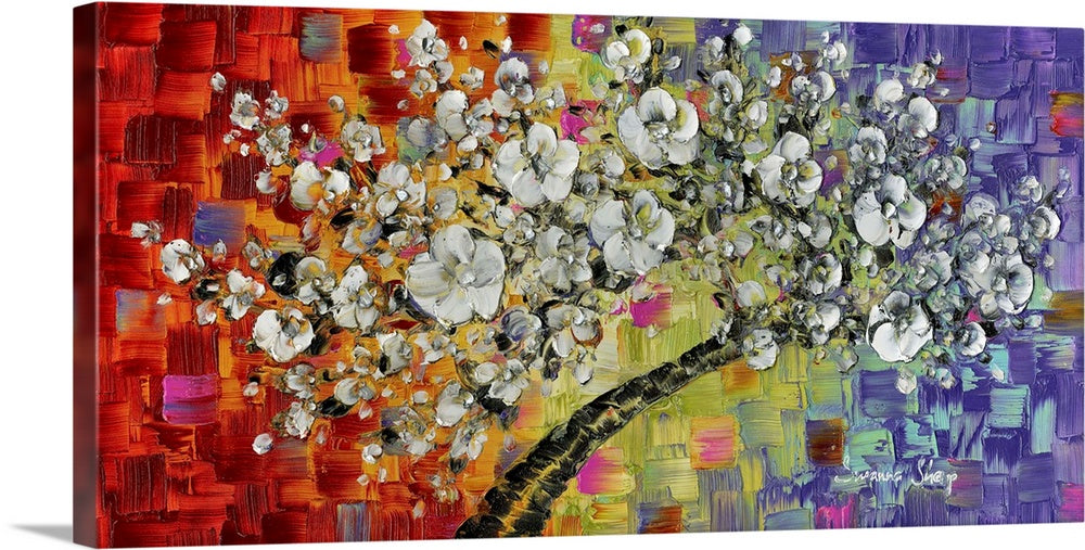 White Cherry Blossom Abstract multicolored tree art (no.1) Panoramic, Fine Art Giclee PRINT on canvas -Susanna Shap