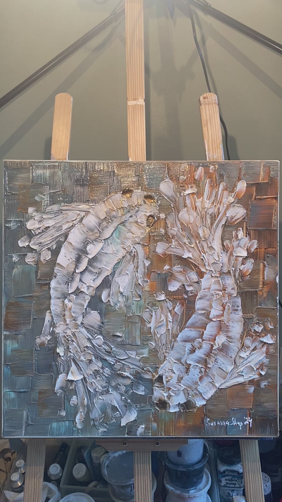 White Abstract Koi Fish Painting, Original palette knife Textured Impressionism Fine Art, 20"x20" Canvas, by susanna shap