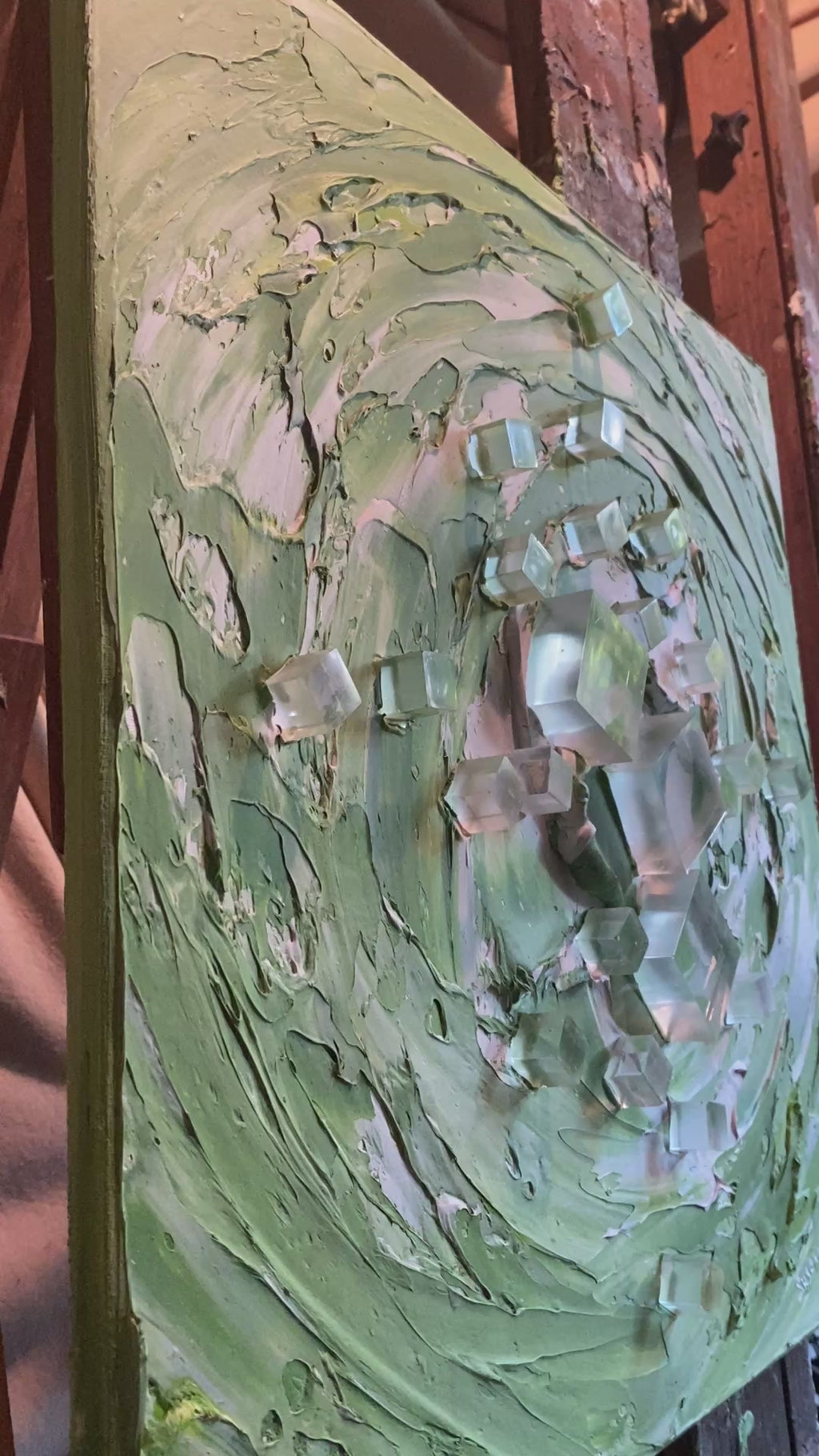 Green ice matcha latte- abstract textured art ORIGINAL painting on canvas mixed media impasto Palette knife Art 20x20” by Susanna Shap