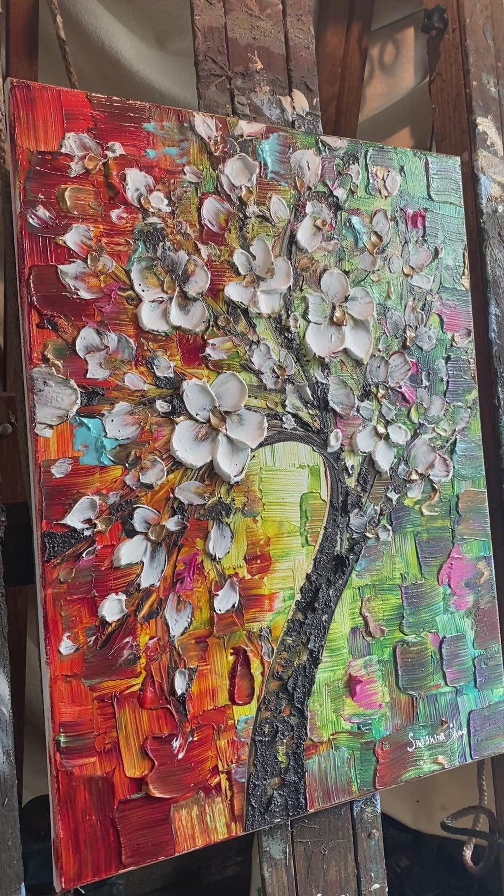 Original Palette Knife Cherry Blossom Painting, Textured Impasto Art (18"x24")