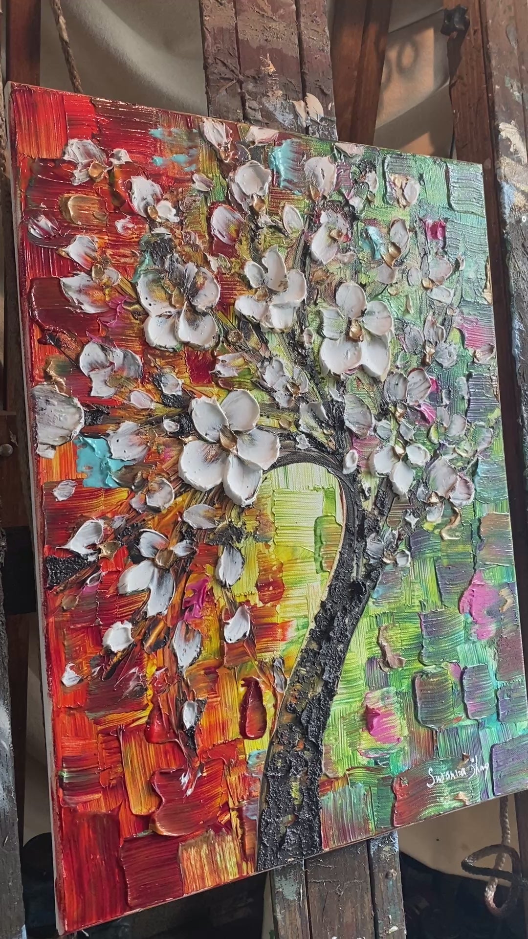Original Palette Knife Cherry Blossom Painting, Textured Impasto Art (18"x24")