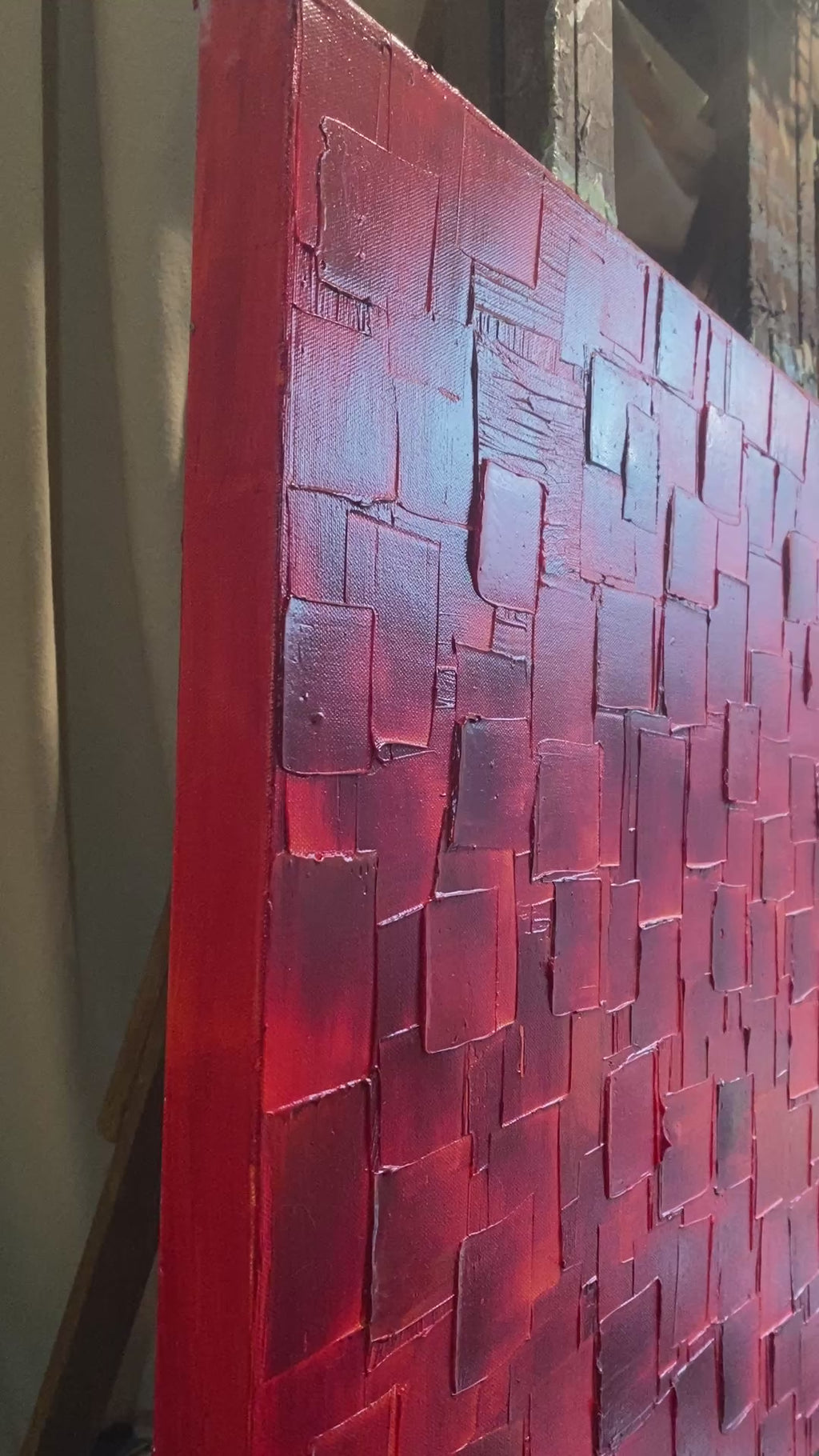ORIGINAL Large Red Abstract painting, Squares, Geometric Textured 48"x24" Palette knife Art- by Susanna Shap