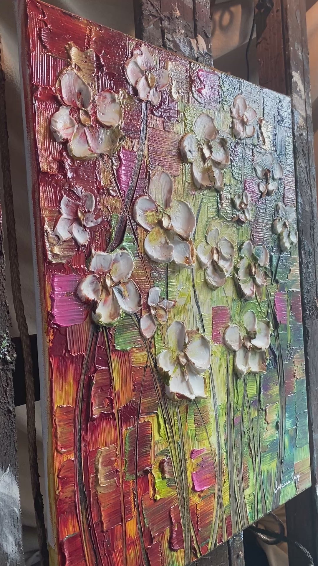 Original Abstract textured white flowers art, multicolored Palette Knife Impasto Painting: 18"x24" by Susanna Shap