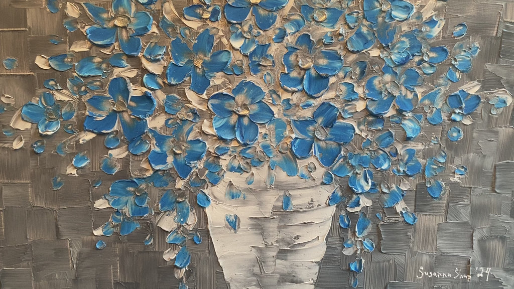 Original Blue flowers Painting Impasto still life bouquet in vase Textured palette knife Floral Art (24x36)