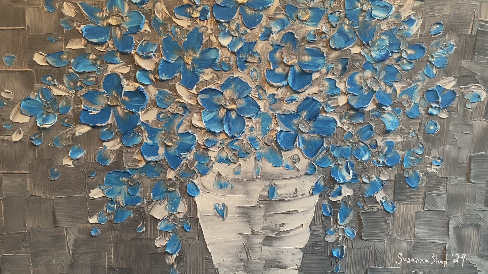 Original Blue flowers Painting Impasto still life bouquet in vase Textured palette knife Floral Art (24x36)