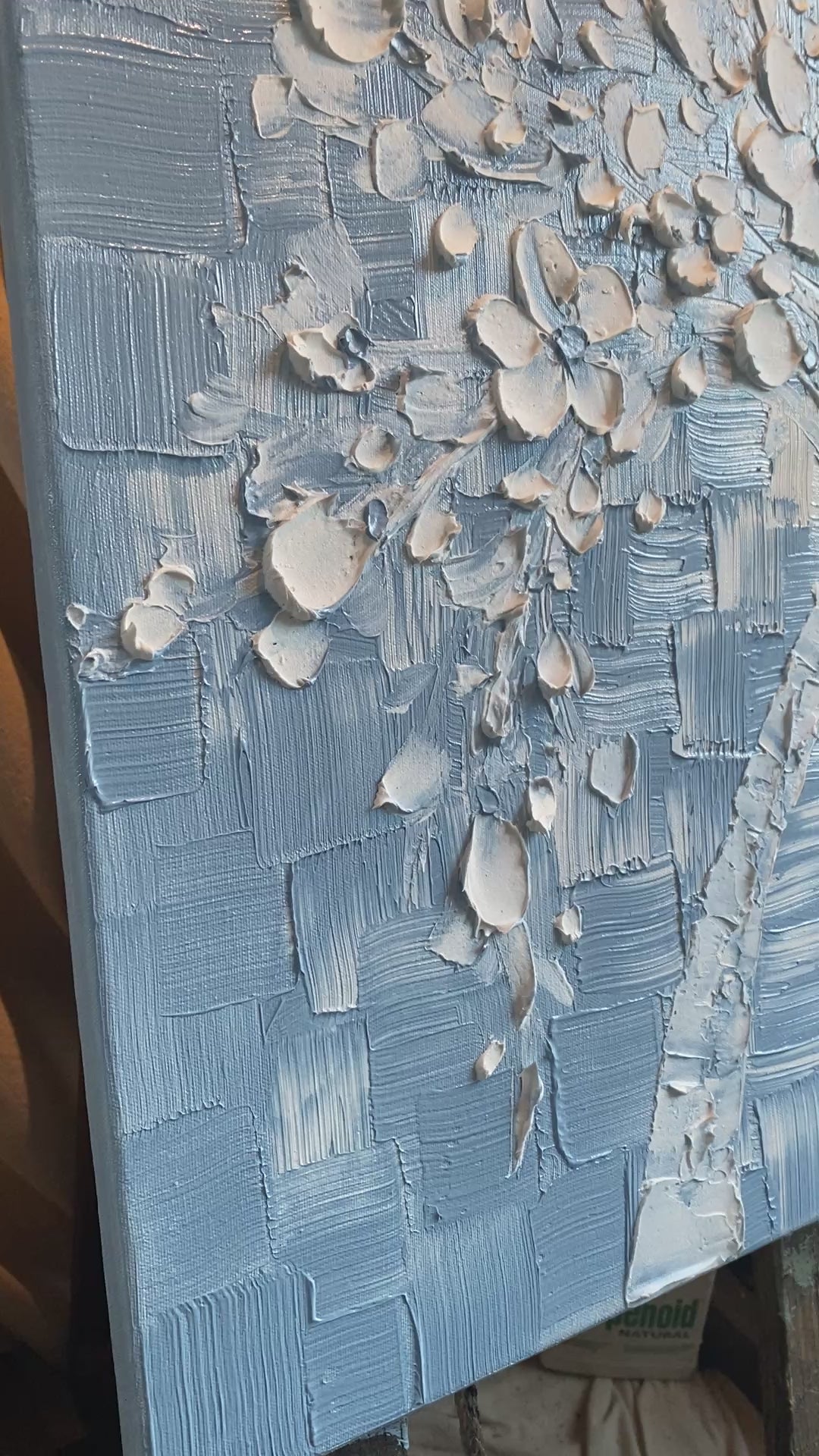 Wedgewood Blue Textured Original Palette Knife Impasto Painting: White Cherry Blossoms tree (24"x24")