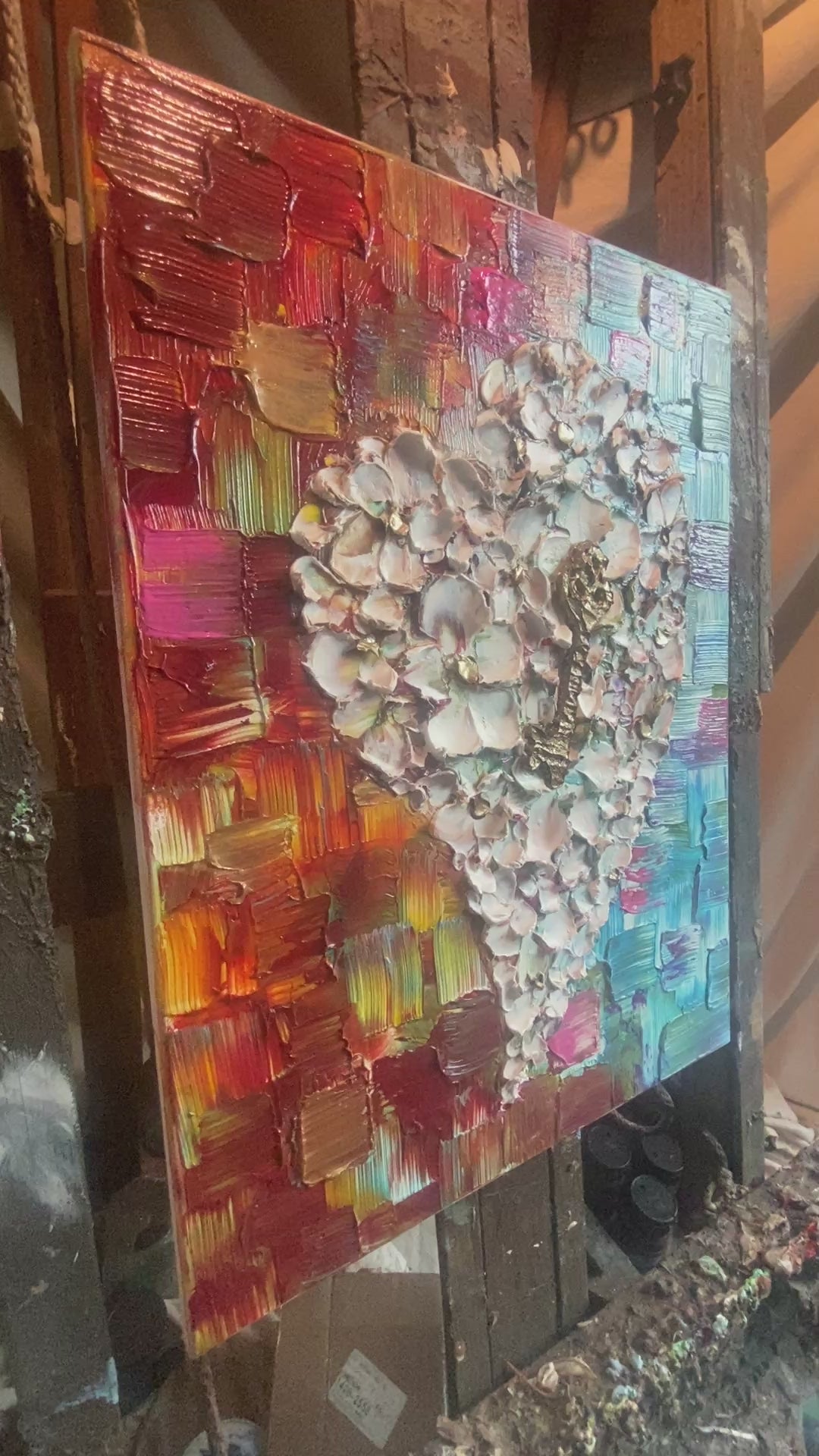 Original Floral Heart and Key Textured Painting: Impasto Palette Knife Fine Art, 18"x24", by Susanna Shap