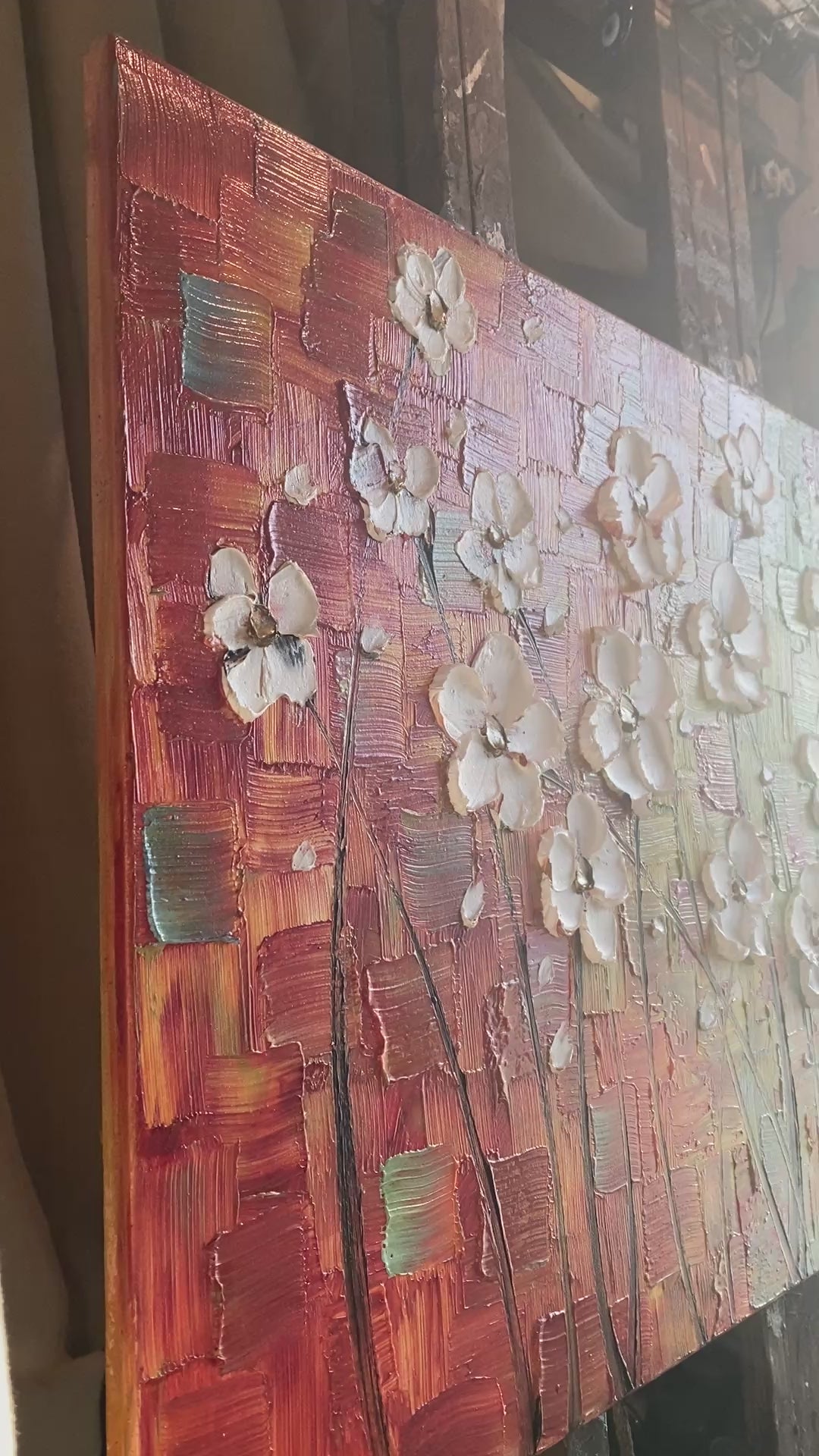 Original Large Abstract multicolored painting White Flowers, Textured Palette knife impasto Floral Fine Art (48"x24")