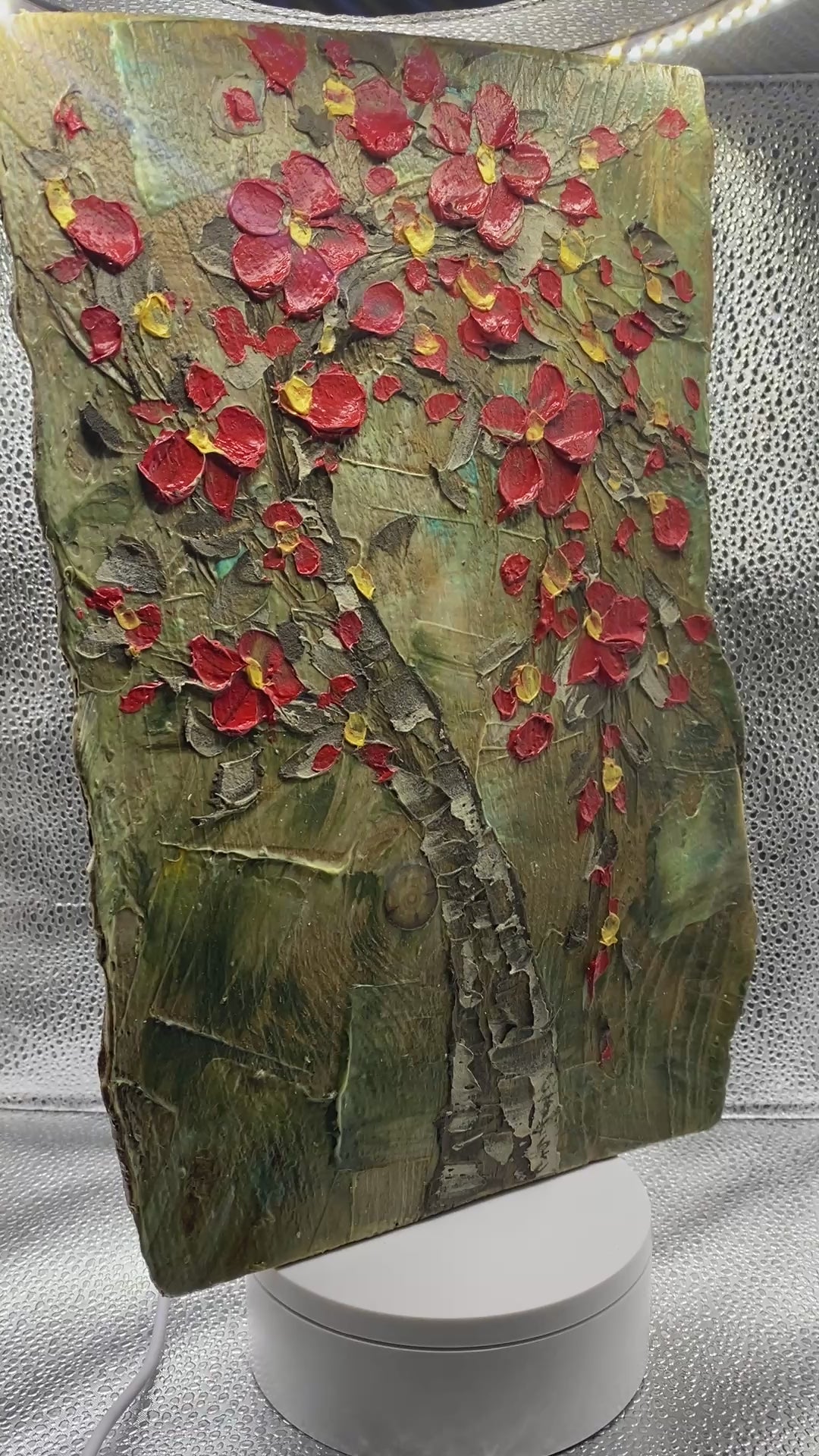 ORIGINAL Small Abstract Whimsical Tree oil painting wood - Rustic red and brown palette knife impasto texture- by Susanna Shap