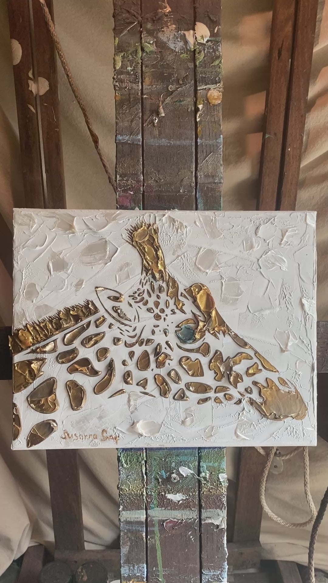 Giraffe, ORIGINAL Animal Art Abstract White & Gold Textured painting, Handmade Canvas wall art by Susanna Shap