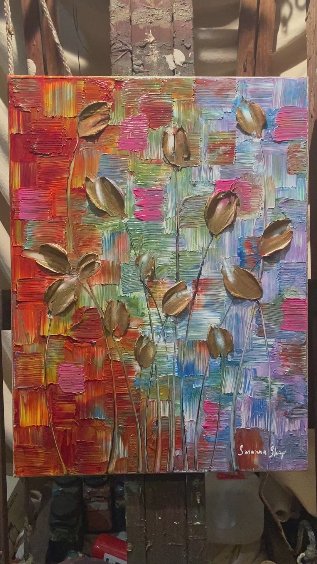Original Gold Tulips Painting: Abstract Flowers, Colorful Rainbow Textured Palette Knife Impasto Art by Susanna Shap