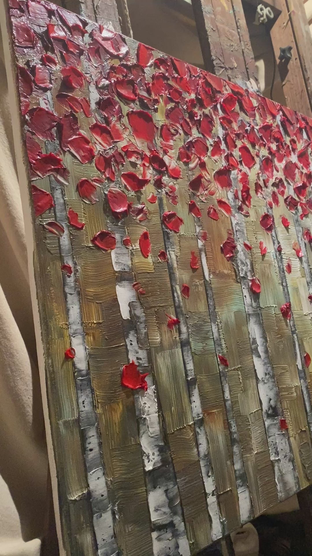 Original Red Birch Trees Forest Landscape Impasto Painting, Textured Palette knife impasto Art (36x24") by Susanna Shap