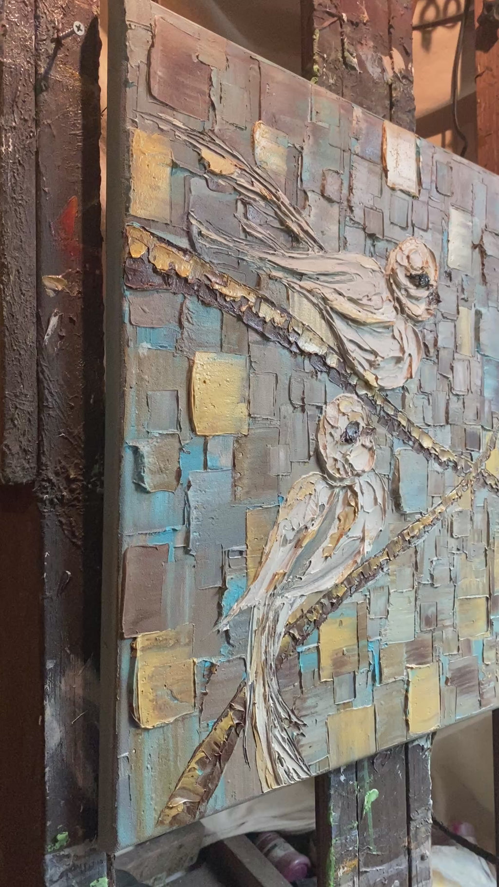 Birds on a branch oil painting ORIGINAL on canvas impasto Textured Palette knife Art 20x20" by Susanna Shap