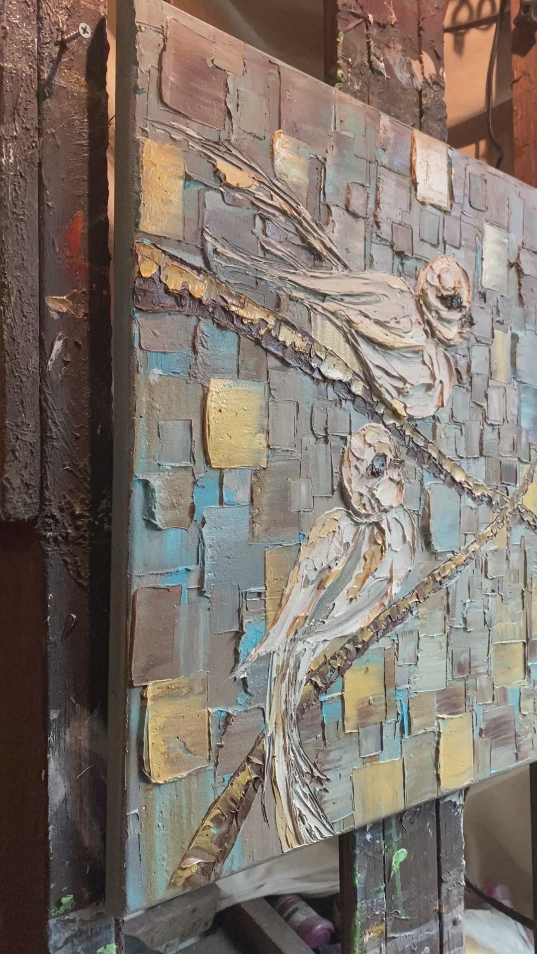 Birds on a branch oil painting ORIGINAL on canvas impasto Textured Palette knife Art 20x20" by Susanna Shap