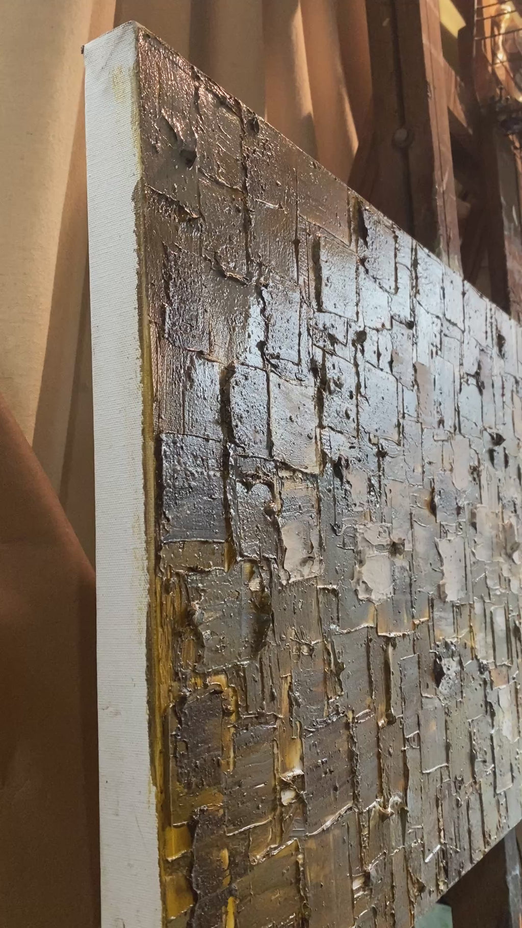 ORIGINAL Heavy Textured Large Abstract Minimalist painting Neutral Beige Gray Squares Geometric 60"x20" Palette knife Art- by Susanna Shap