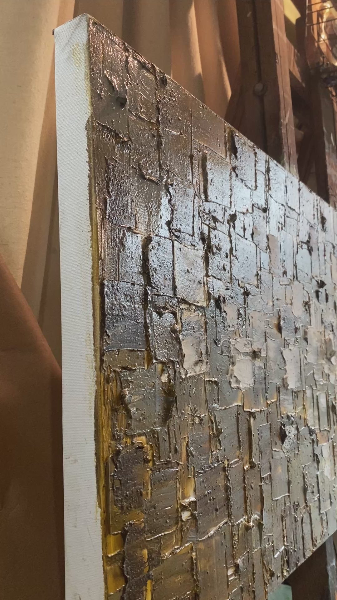 ORIGINAL Heavy Textured Large Abstract Minimalist painting Neutral Beige Gray Squares Geometric 60"x20" Palette knife Art- by Susanna Shap