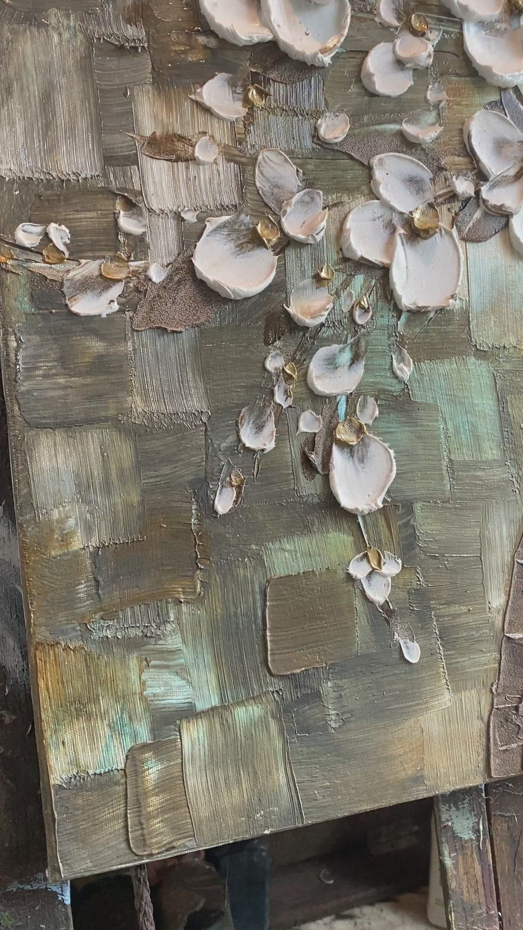 Rustic Earthtones Textured Original White Cherry Blossom Tree Palette Knife Impasto Painting (24x24") by Susanna Shap
