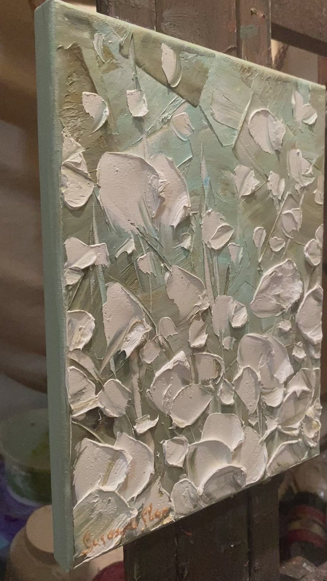 ORIGINAL small oil painting floral white poppy flowers landscape on canvas Textured Shabby Chic Palette knife art Shabby Chic 8x10” - Susanna Shap
