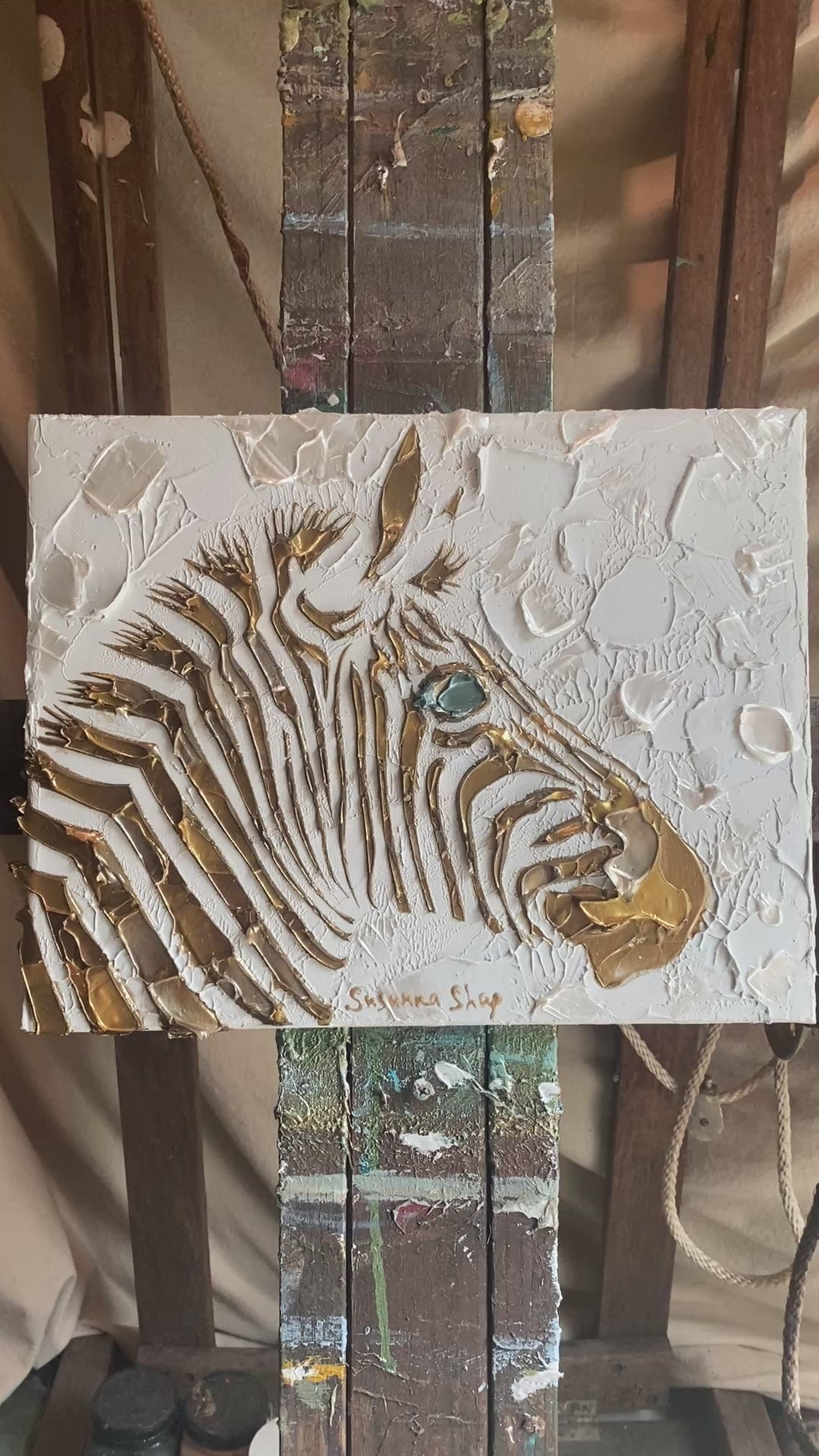 Zebra, ORIGINAL Animal Art Abstract White & Gold Textured painting, Handmade Canvas wall art