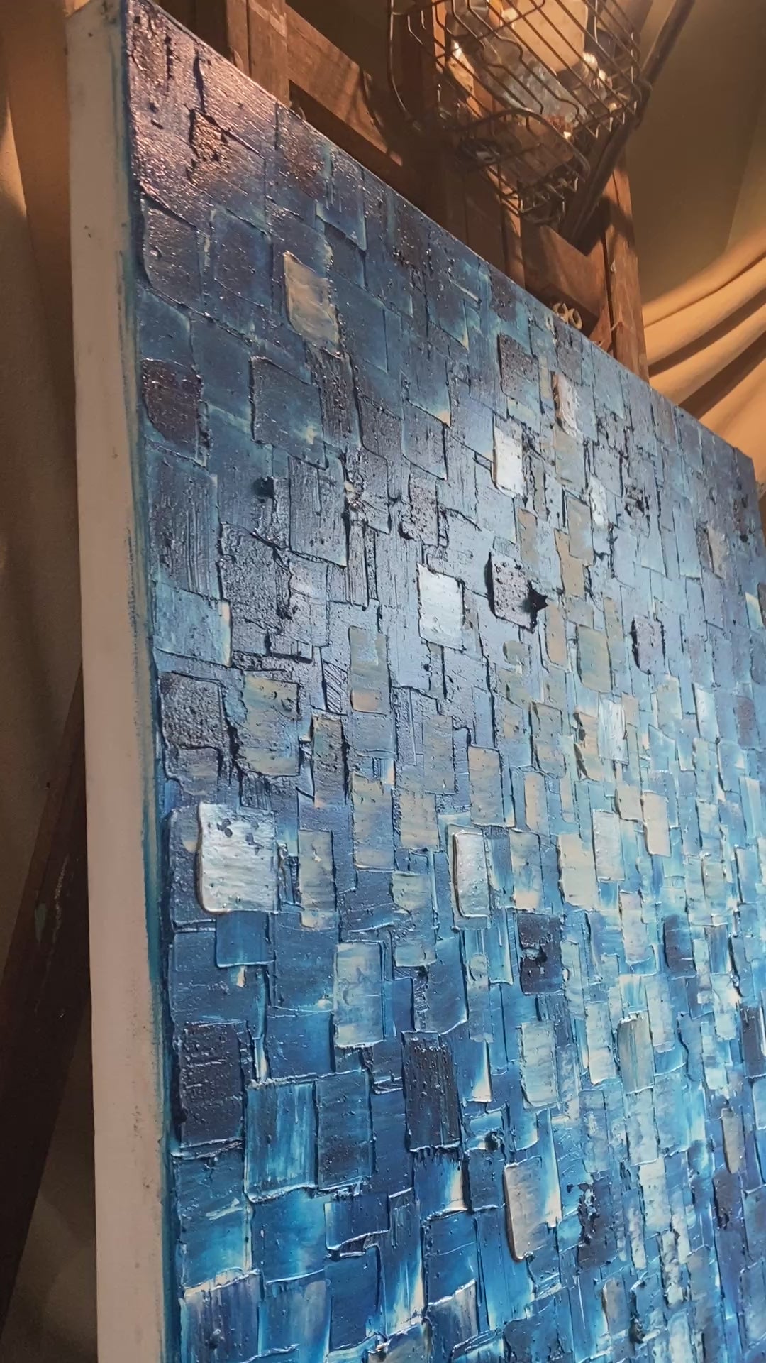 ORIGINAL Blue Large Abstract painting Minimalist Squares Geometric Heavy Textured 36"x36" Palette knife Art- by Susanna Shap