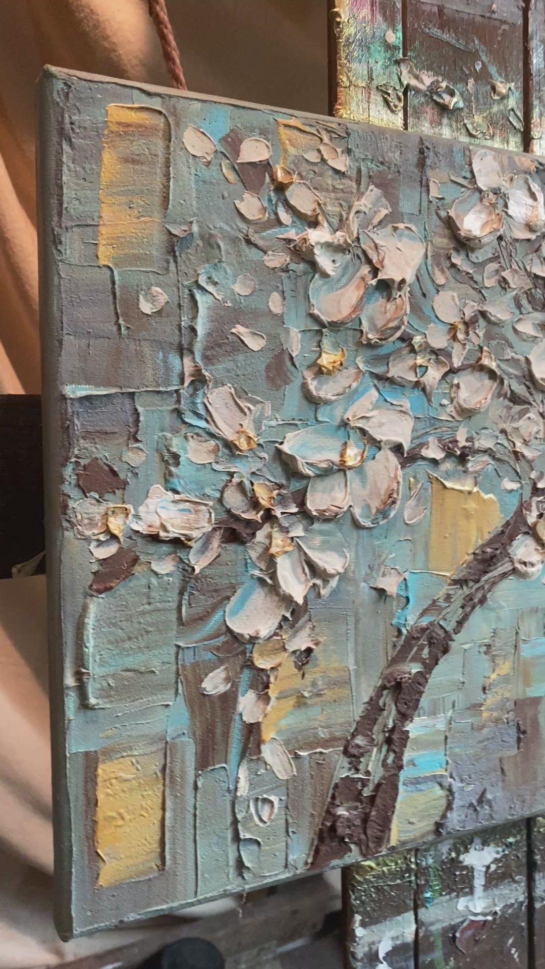 White cherry blossom oil painting Small ORIGINAL on canvas impasto Textured Palette knife Art 11x14" by Susanna Shap