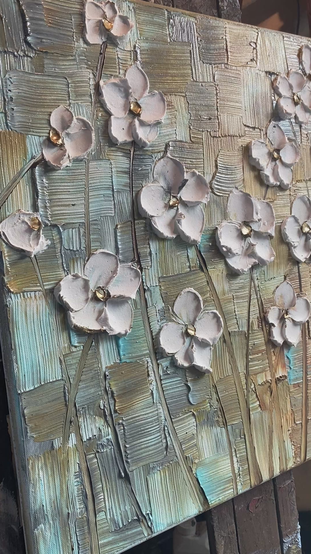 Original Abstract White Textured Flower Blossoms Impasto Painting: Palette Knife Impressionist Fine Art (20"x20") by susanna shap