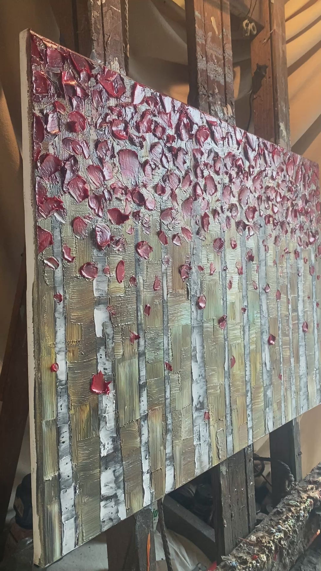 Original Red Birch Trees Forest Landscape Impasto Painting, Textured Palette knife Art (36x24") by Susanna Shap