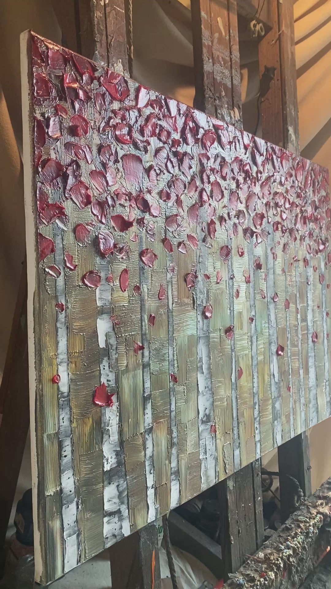 Original Red Birch Trees Forest Landscape Impasto Painting, Textured Palette knife impasto Art (36x24") by Susanna Shap