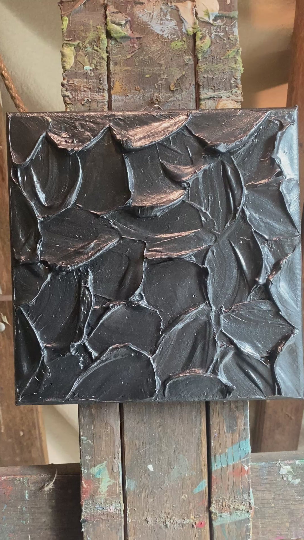 "obsidian" Metallic black ORIGINAL Abstract Textured painting, Palette knife Impasto Textured, Small 8" x 8""