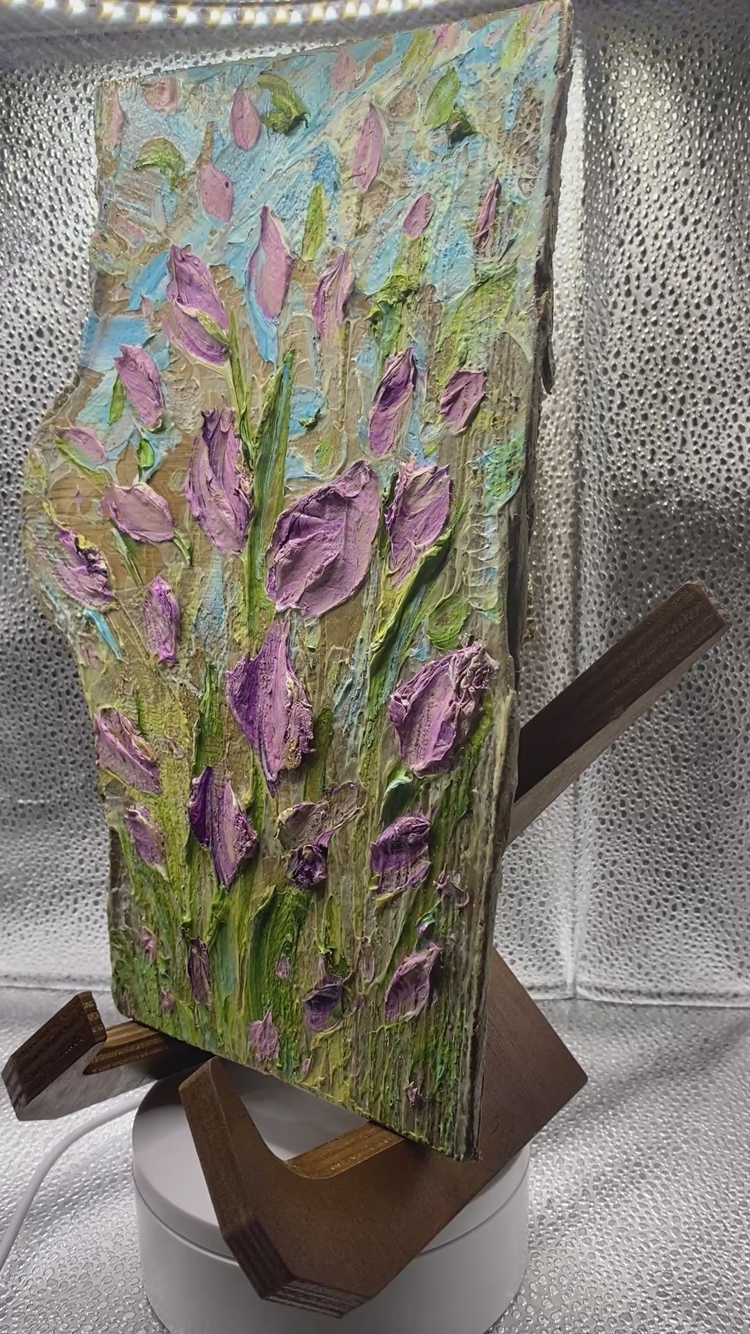 ORIGINAL Purple tulips Small Rustic Floral landscape oil painting, Whimsical Textured Abstract Tactile Art on wood