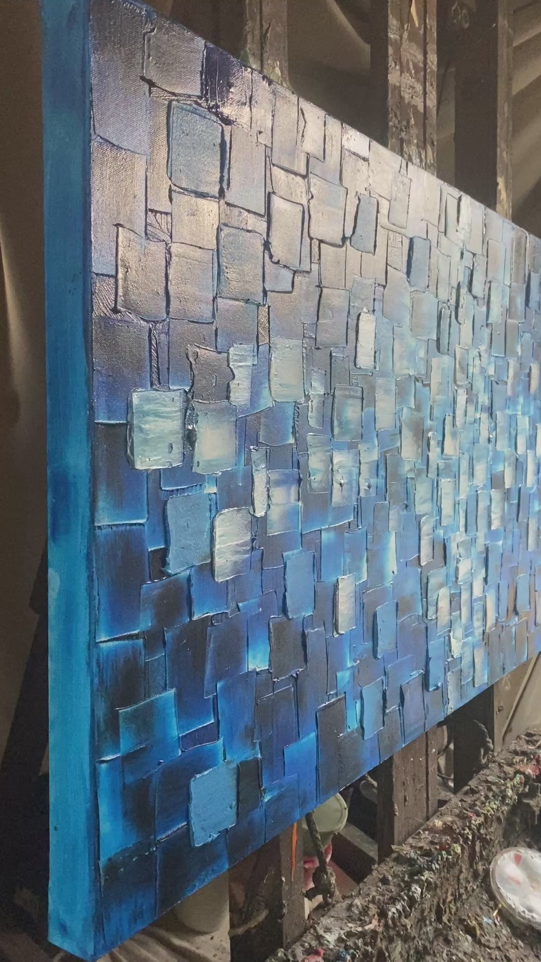 ORIGINAL Black Blue tonal large abstract painting Textured Squares Geometric Palette knife Art 48"x24" - by Susanna Shap