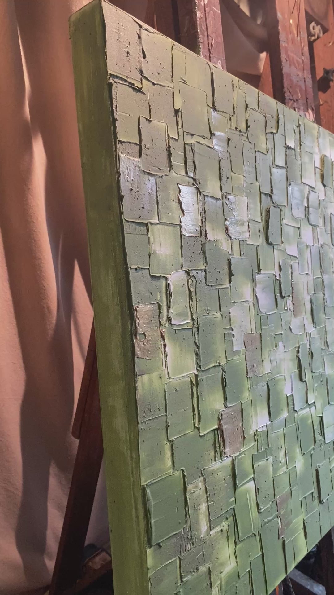 ORIGINAL Olive Green Large Abstract painting, Squares, Geometric Heavy Textured 48"x24" Palette knife Art- by Susanna Shap