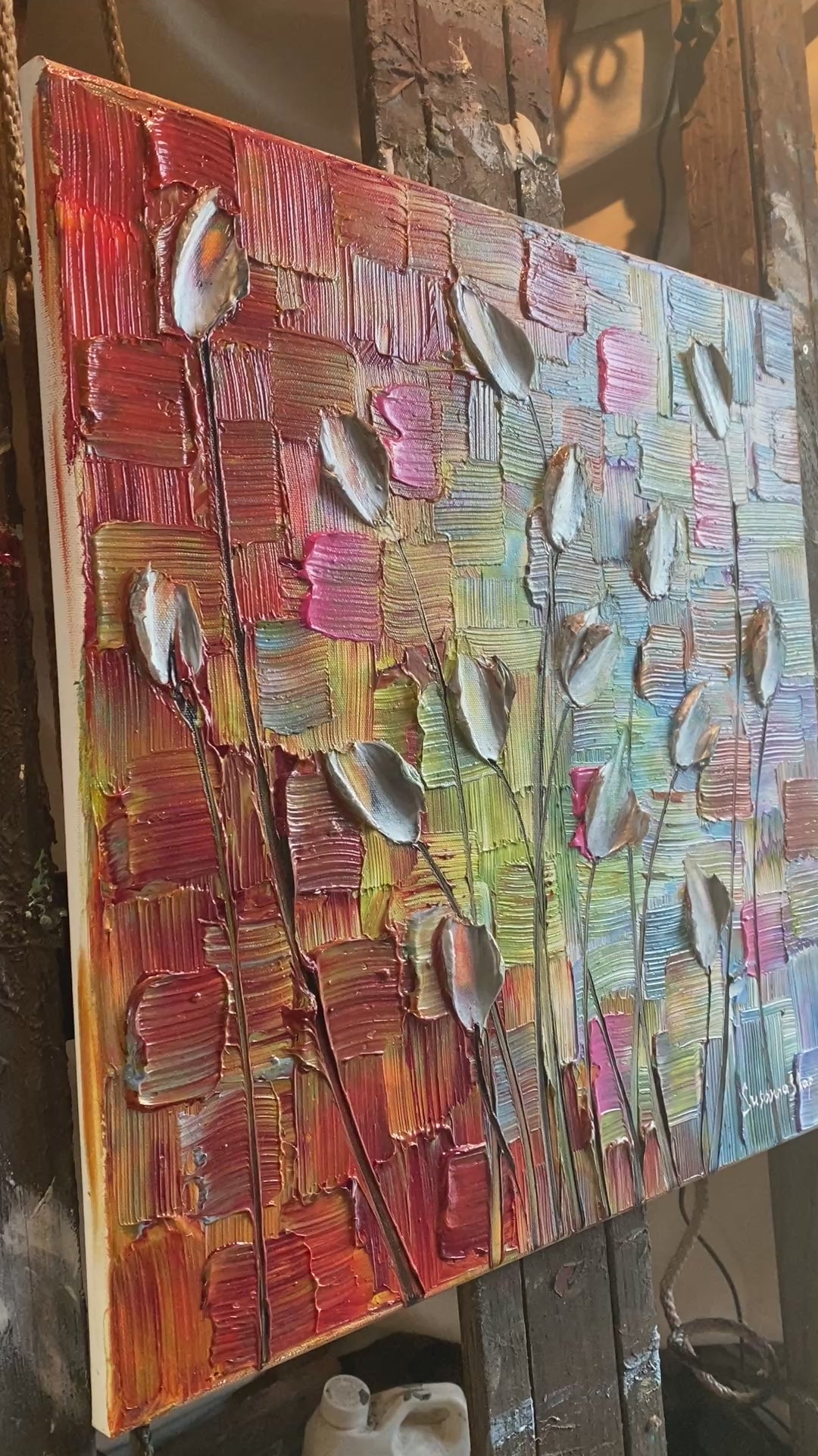Original Silver Tulips Impasto Painting, Palette Knife Textured Art, Rainbow Multicolored (20"x20") by Susanna Shap