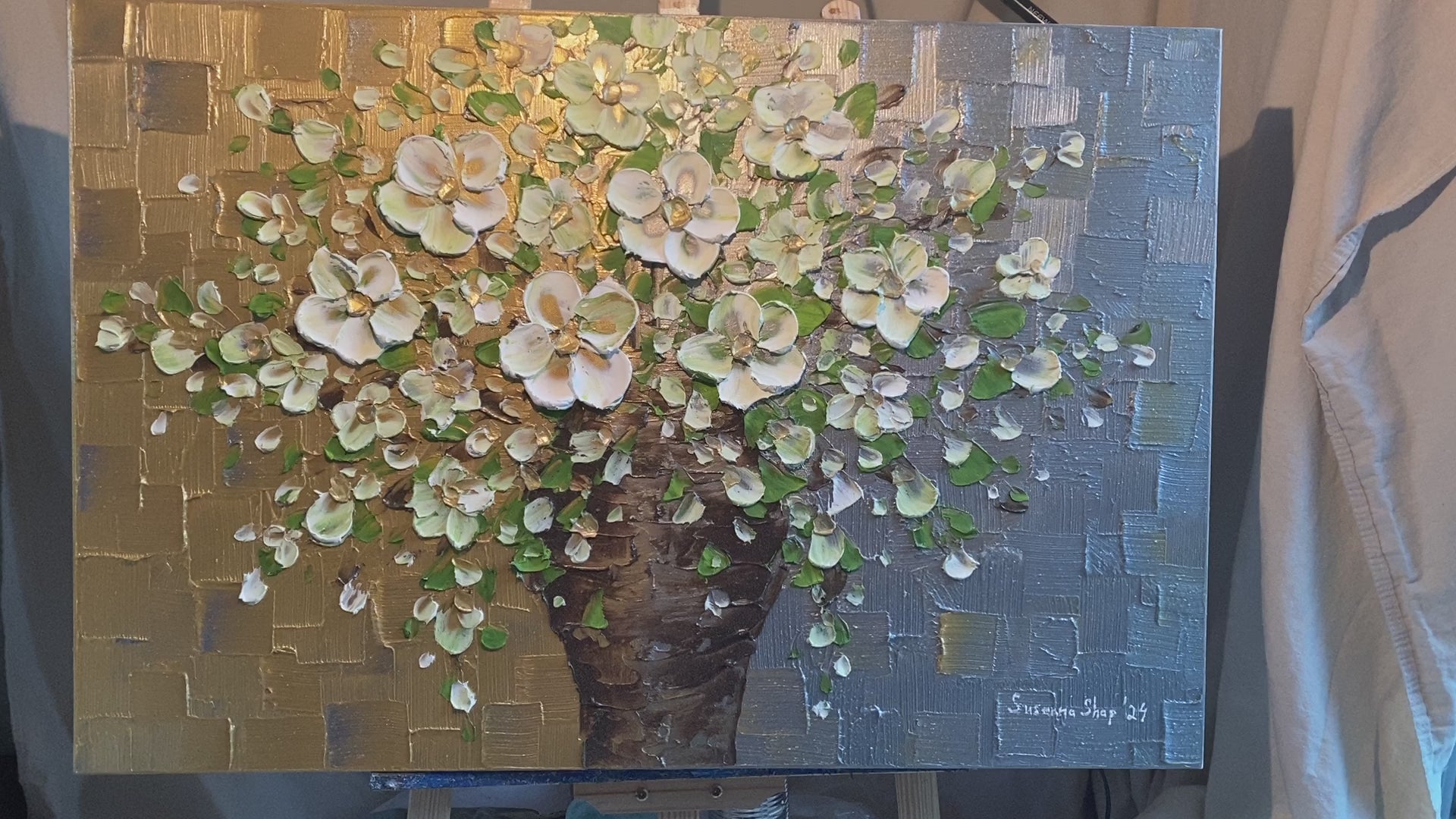 Original White Blossom Flowers Bouquet in vase, Gold & Silver floral still life Textured Impasto Painting, Palette Knife Fine Art (24"x36")